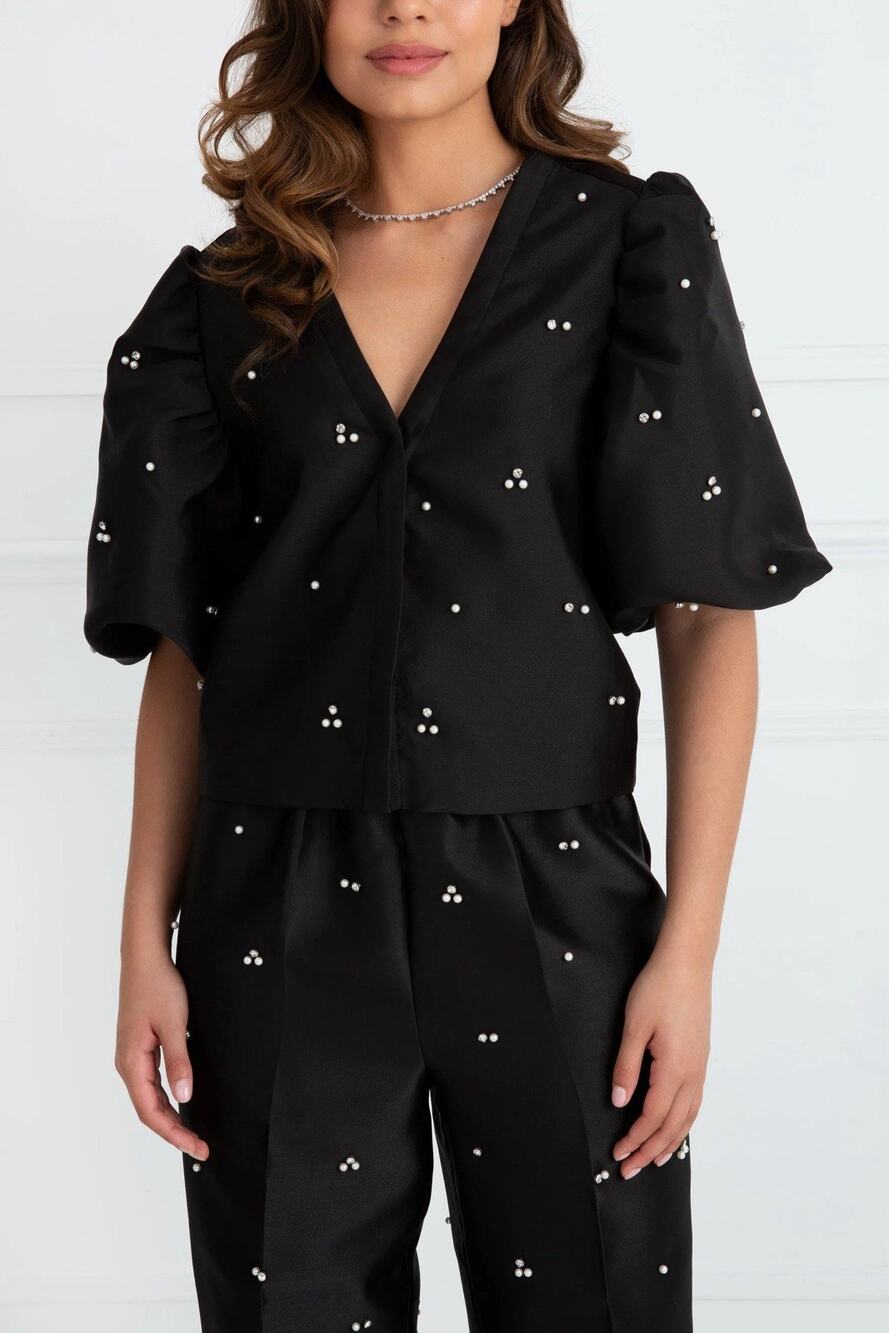 NWOT Sinead Keary The Auora Black Pearl Rhinestone Short Sleeve Satin Jacket M